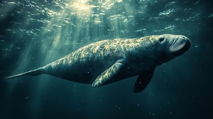 Fototapeta premium Underwater Manatee Gliding in Peaceful Blue Waters Wildlife Portrait