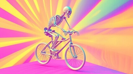 Fototapeta premium Skeleton Riding Bicycle Against Colorful Background with Rays