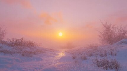 A Pathway Through a Snowy Landscape at Sunset