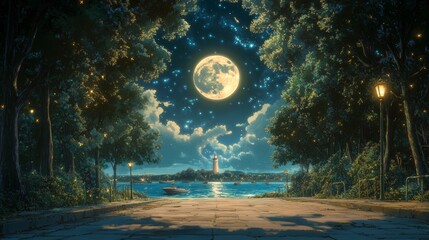 A full moon shines brightly over a lake and a lighthouse, seen through the trees.