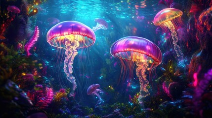 Fototapeta premium Happy jellyfish surrounded by a surreal underwater landscape with rainbow-hued plants and glowing lights