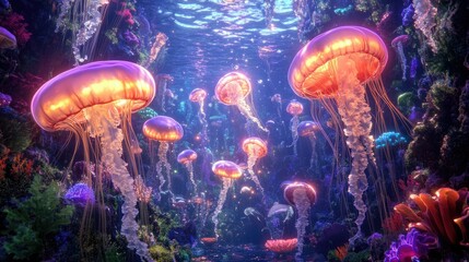 Fototapeta premium Happy jellyfish surrounded by a surreal underwater landscape with rainbow-hued plants and glowing lights