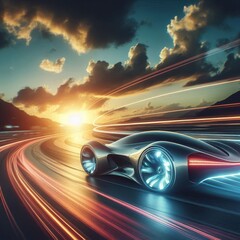 futuristic car drives at high speed along a serpentine road towards the sunset