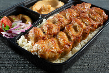 A view of a chicken lula kebab entree.