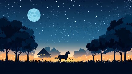A lone horse stands in a field at night with a full moon and stars in the sky.