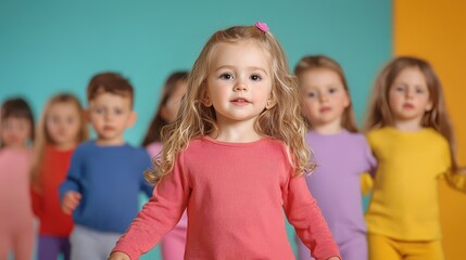 Fototapeta na wymiar Kids Dance Class Concept, Little Girl Leading a Line of Children in Colorful Outfits with Cheerful Expressions