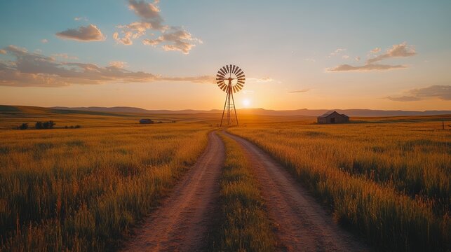 A lone windmill stands in a field at sunset, with a dirt road leading towards it.
