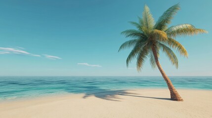 Fototapeta premium Serene Tropical Beach with Palm Tree and Clear Blue Ocean Sky