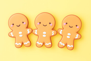 Cute 3D Gingerbread Characters on Yellow Background