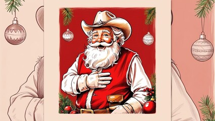 A cheerful Santa Claus dressed in cowboy attire during Christmas.