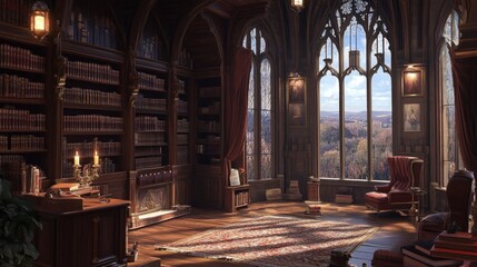 Fototapeta premium A Cozy, Well-Lit Library With Floor-to-Ceiling Bookshelves and a Window View
