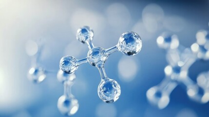 Isolated water molecule with perfectly formed droplets on a soft blue artistic canvas