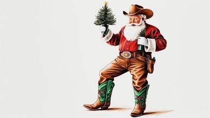 A cowboy Santa Claus holding a small Christmas tree.