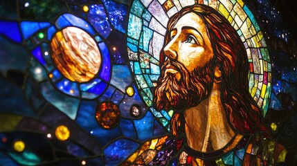 Obraz premium Jesus as an astronaut in stained glass, vibrant hues showing celestial space with stars and planets as his background.