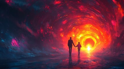 Fototapeta premium A Teacher Guiding a Student Through a Glowing Dark Tunnel Symbolizing Education Illuminating the Path to Success
