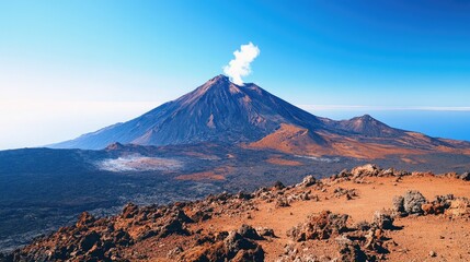 Fototapeta premium Majestic view of a volcanic peak emitting thick smoke, contrasting with the clear blue sky above
