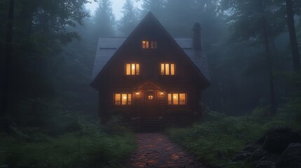 A mysterious wooden cabin glows with warm light in the depths of a foggy forest.