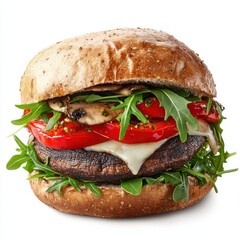 A hearty portobello mushroom burger with roasted red peppers, provolone cheese, arugula