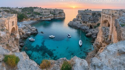 A picturesque sunrise over a tranquil bay with boats in the clear, blue water.