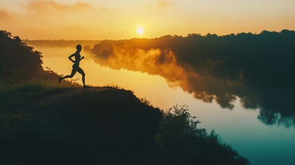 Fototapeta premium Silhouette of a Runner at Sunrise Over Water