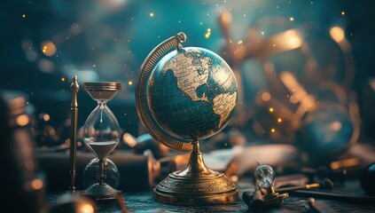 Fototapeta premium Vintage Globe and Hourglass with a Touch of Magic