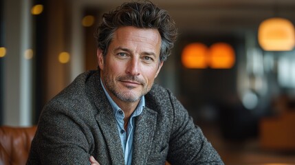 A modern businessman in a casual blazer and crisp shirt sits at a conference table, embodying approachability as warm light enhances his welcoming demeanor