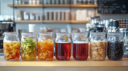 Six Glass Jars Filled with Various Beverages and Ingredients