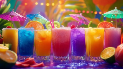 Fototapeta premium Colorful Cocktails with Tropical Fruit Garnish and Umbrellas