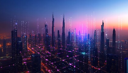 Fototapeta premium Futuristic cityscape at dawn with digital data streams.