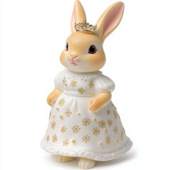 Obraz premium Elegant rabbit in princess dress enchanted garden figurine display whimsical environment close-up view creativity and imagination