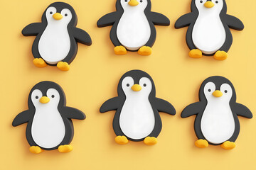 Fototapeta premium Cute 3D Penguin Stickers on Yellow Background