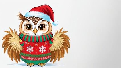 Fototapeta premium Charming owl in a festive Christmas sweater and hat.