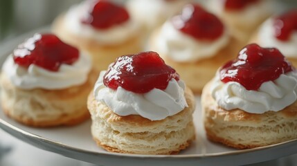 Delicious pastries topped with whipped cream and red jam. Perfect for food blogs, magazines, and dessert menus.