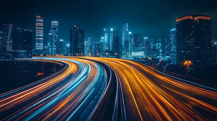 Fototapeta premium A sleek highway through a futuristic cityscape at night, illuminated by vibrant neon lights, showcasing the vision and strength required for progress. Illuminated. Illustration