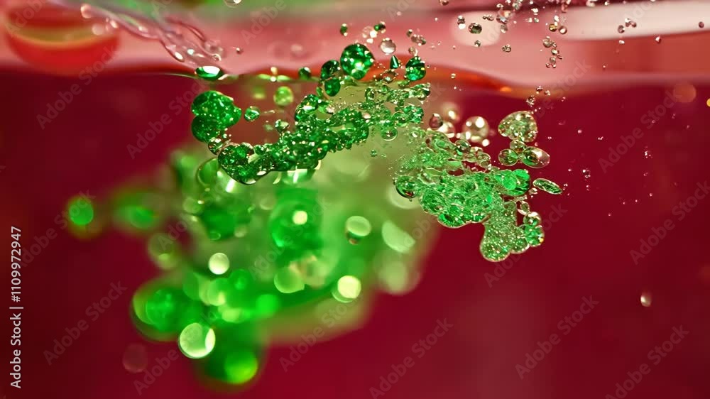 Poster Dynamic drops of green glitter in red oil or ink diffusing through water, creating an abstract aquatic swirls