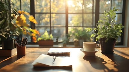 A peaceful workspace, simple decorations, and sunlight shining through the nearby windows. There is a cup of coffee, a notebook, and a pen on the table, creating a comfortable atmosphere