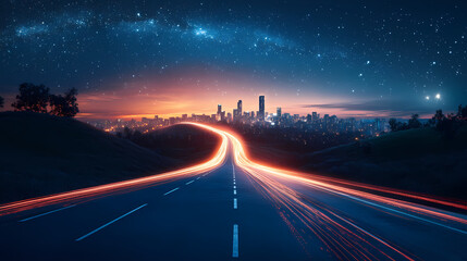Obraz premium A winding road leads towards a distant city skyline under a starry night sky. the road is illuminated by headlights, creating streaks of light. Illuminated. Illustration