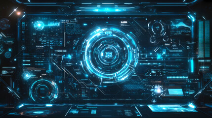 Fototapeta premium Abstract futuristic blue digital technology interface with lines and glowing lights for digital screens, presentations, and backgrounds. Illuminated. Illustration