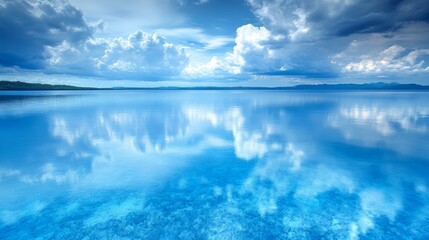 Obraz premium A serene lake with a cloud reflection on the surface, reflecting a blue sky with white puffy clouds.