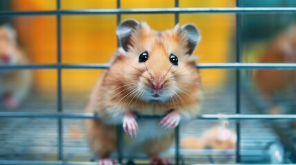 Obraz premium A Captive Hamster in a Cage: A Close-Up Portrait