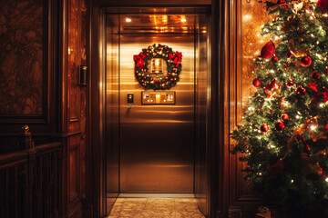 Vintage Christmas Elevator: Festive Hotel Interior with Wreath and Tree
