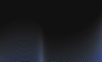 Dark blue halftone dots abstract background with glowing wave. Shiny moving lines design element. Modern blue gradient flowing wave lines.
