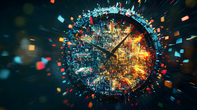 Abstract Digital Clock Exploding into Vibrant Particles