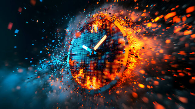 Exploding Digital Clock with Vibrant Orange and Blue Particles