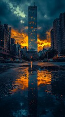 Fototapeta premium A city landscape with reflection in water on the street. 