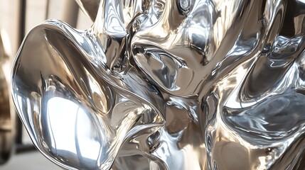 Abstract silver metallic sculpture with flowing, reflective surfaces.