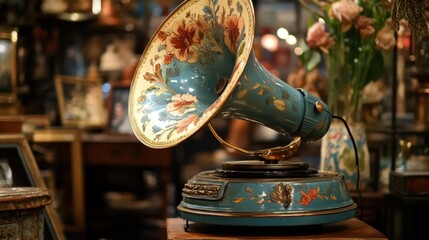 Vintage floral painted gramophone horn speaker.