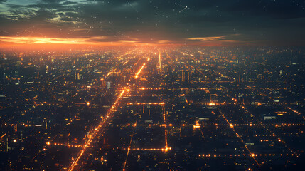 Obraz premium A city at twilight, illuminated by an interconnected network. Illuminated. Illustration