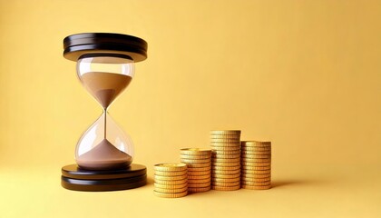 A modern hourglass next to stacked gold coins on a yellow background, symbolizing time management and financial growth.