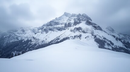 Naklejka premium A snow-covered mountain peak rises through a cloudy sky.